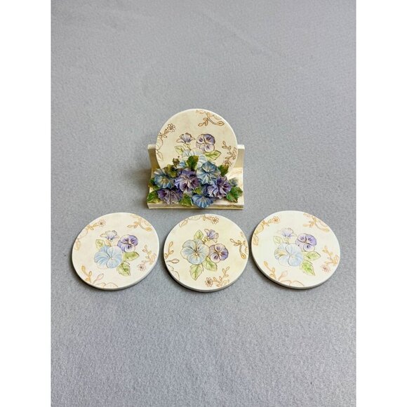 Vintage Ceramic Pansy Flower 3D Sculpture Coaster Holder with Coasters - Picture 2 of 10